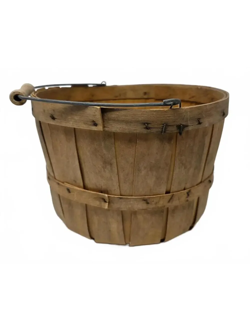 Vintage Wood Splint Apple Basket Wire Handle Rustic Farmhouse Harvest Decor